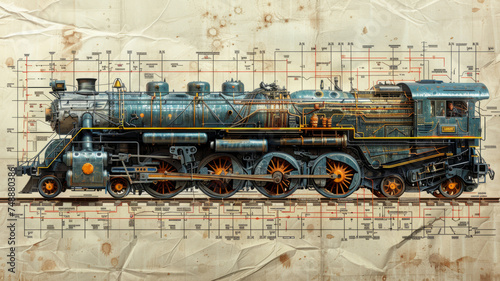 Obraz na płótnie a construction blueprint in an exploded schematic style depicting instructions how to create the antique steam locomotive,generative ai w salonie