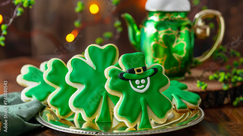 Shamrock Cookies and Irish Tea for St. Patrick's Day.
A plate of shamrock-shaped cookies with a cup of Irish tea, celebrating St. Patrick's Day.