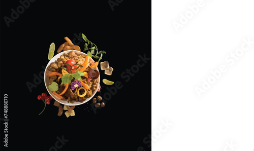 Assortment of healthy food dishes. Top view. Free space for your text