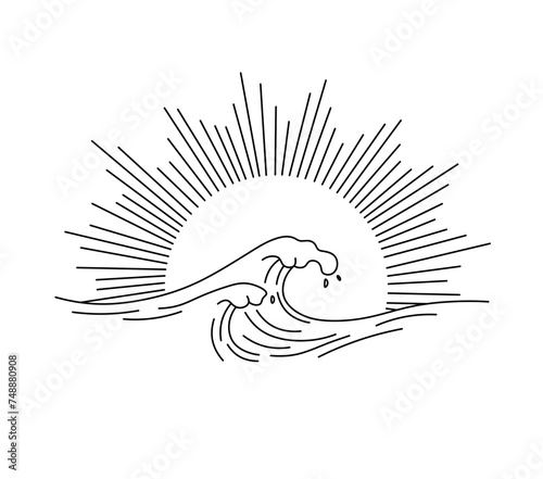 Vector isolated sun and waves landscape colorless black and white contour line easy drawing