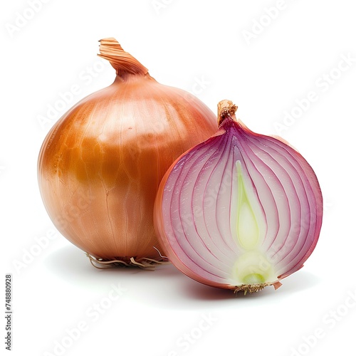 Yellow onion isolated on white background with shadow. Onion slices isolated. Organic vegetable onion 