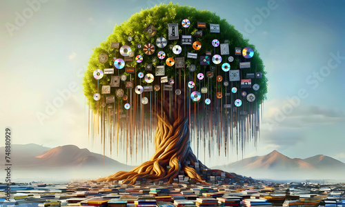 A tree with the top leaves filled with 70s, 80s, 90s DVD cassettes with copy space area. Environtment and The New Nostalgia concept.