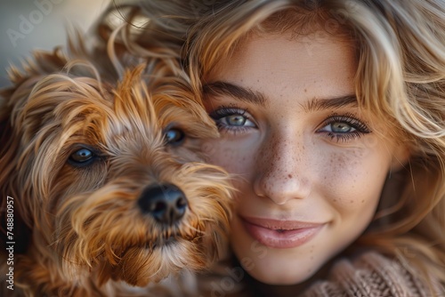 A blonde girl with freckles smiles closely with a Yorkshire Terrier, showing a connection