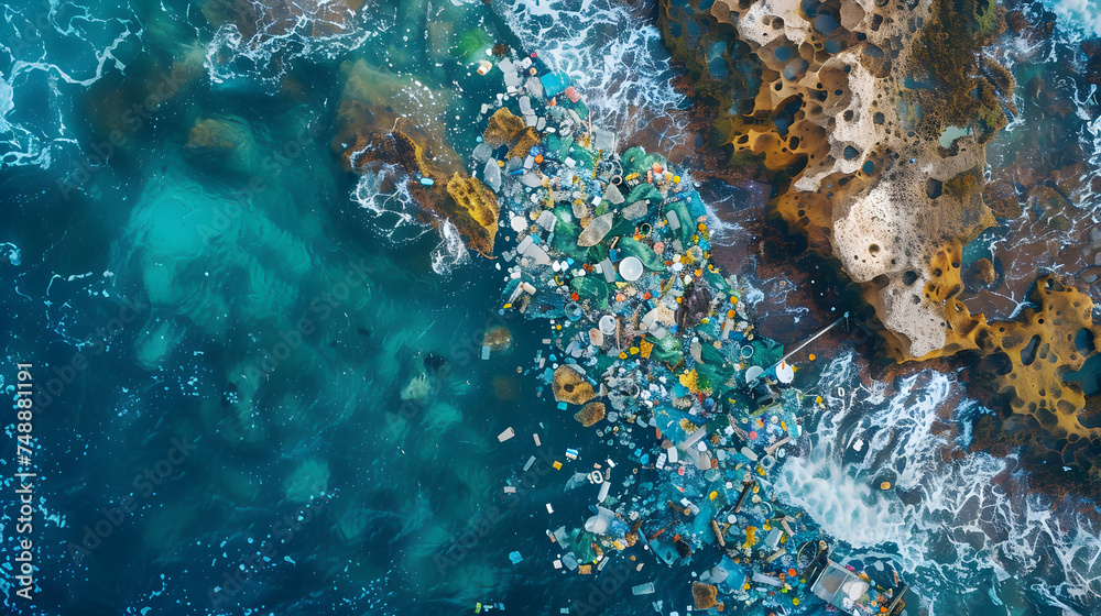 Aerial View of Ocean Pollution: Plastic Waste Engulfing Sea Waters