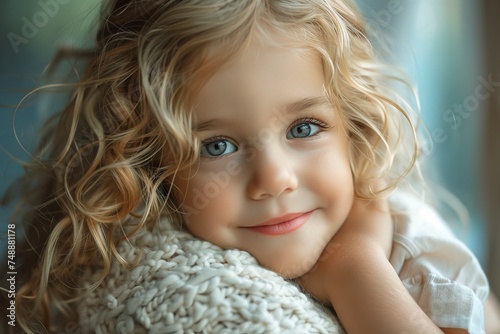 An adorable little girl with curly blonde hair smiles warmly, cuddling a textured pillow