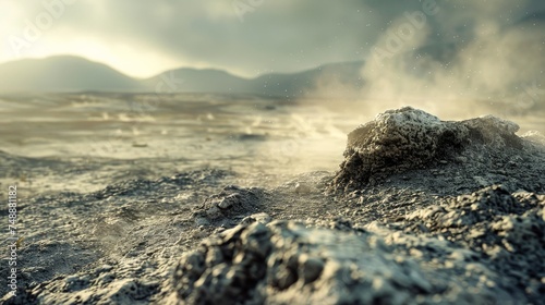 Close-up view of a sulfurous geothermal field with steaming fumaroles and distant mountains under a hazy sky. photo