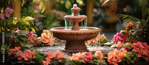 A fountain stands in the center of a garden, surrounded by vibrant flowers and lush green plants. Water cascades from the fountain, creating a soothing atmosphere in the peaceful garden setting.