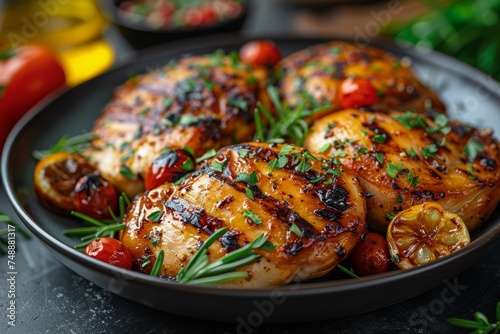 An appetizing display of juicy grilled chicken breasts garnished with herbs and cherry tomatoes