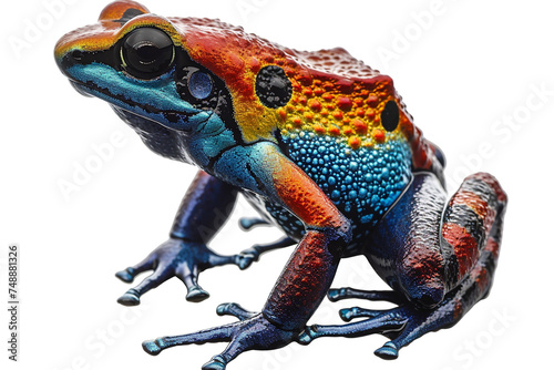 Glistening droplets cascade down the vibrant back of a frog on a transparent background. 