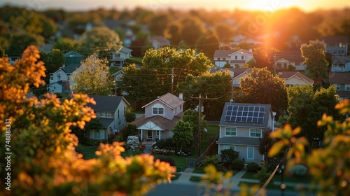 The setting sun casts a warm glow over a peaceful suburban neighborhood, highlighting solar panels on a rooftop amidst lush greenery.