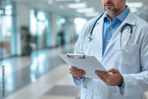 A professional male doctor in a white lab coat holding a clipboard in a clean, bright hospital corridor