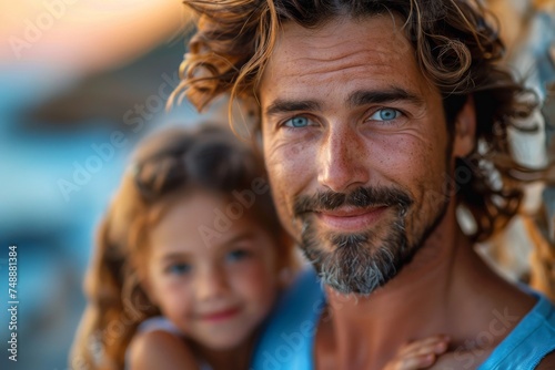 A heartwarming portrait of a father with stubble holding his young daughter, both with blue eyes, against a seaside background at sunset photo