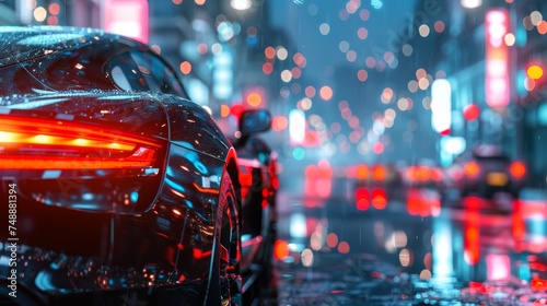 A luxury sports car's tail lights glow intensely on a wet city street, reflecting on the shimmering asphalt under the rain at night.