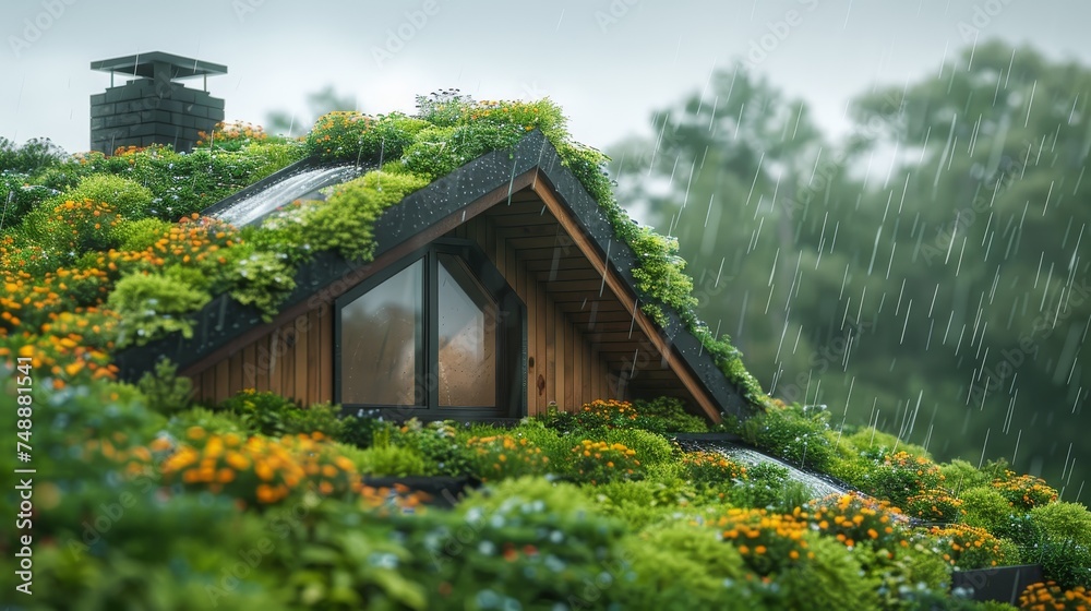 A charming A-frame cabin with a vibrant green roof adorned with orange flowers, experiences the tranquility of a rainy day.