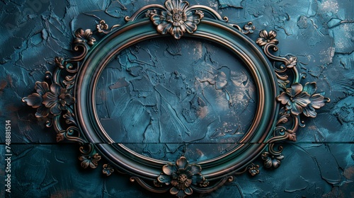 Vintage openwork bronze metal frame on a blue wall background, empty picture frame mockup