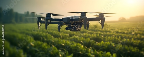 Cuttingedge drone autonomously navigating a vast agricultural field modernizing smart farming. Concept Drone Technology, Smart Agriculture, Autonomous Navigation, Modern Farming Operations photo