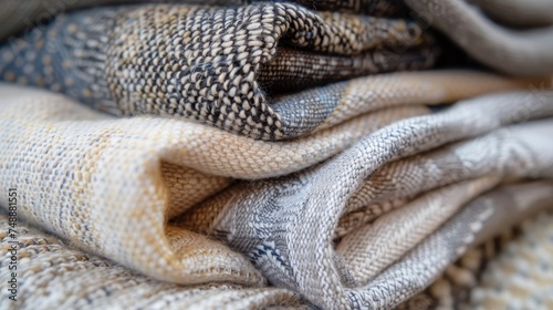 A detailed close-up of stacked woven fabrics, showcasing various textures and patterns in a harmonious blend of neutral colors.