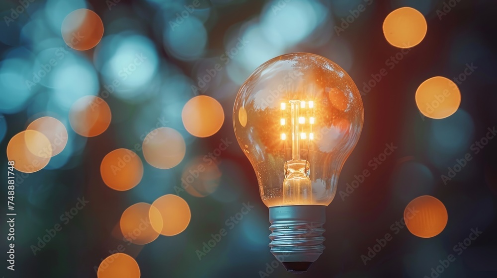 An LED filament bulb glows warmly, set against a soft bokeh background of light orbs in a tranquil color palette. An LED filament bulb glows warmly, set against a soft bokeh background of light orbs in a tranquil color palette.