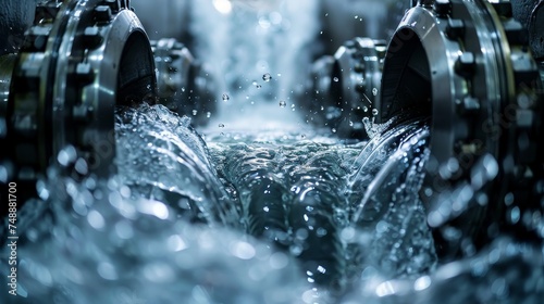 Close-up of high-precision industrial machinery during a water cooling process. photo