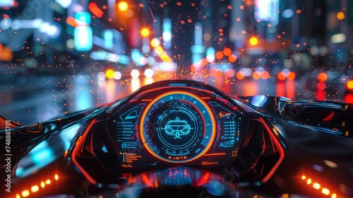 Inside view of a futuristic car's illuminated dashboard with neon city lights reflecting on the windshield at night.