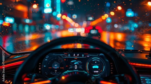 Driver perspective of a car dashboard with glowing instruments, facing a blurry cityscape on a rainy night.