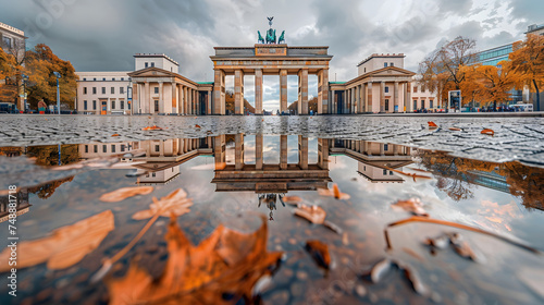 The Brandenburg Gate in Berlin reflected in a puddle of water