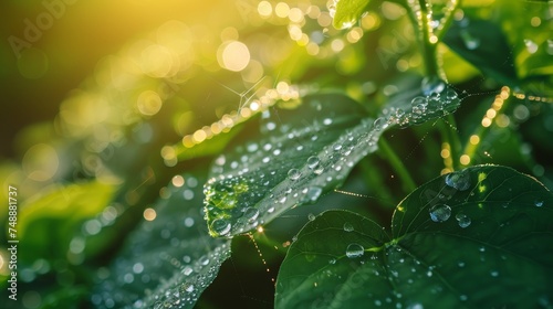 Sunrise illuminates delicate dew drops on a network of green leaves, creating a sparkling bokeh effect.