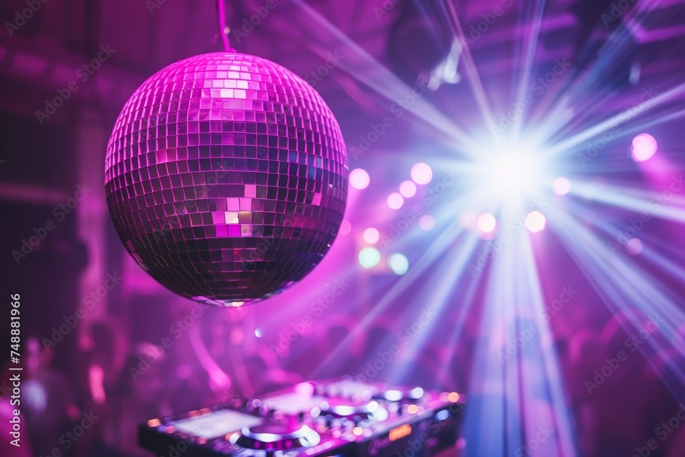 Obraz premium Disco ball with reflective mirror pieces shining under bright lights, symbolizing party life and festive celebrations