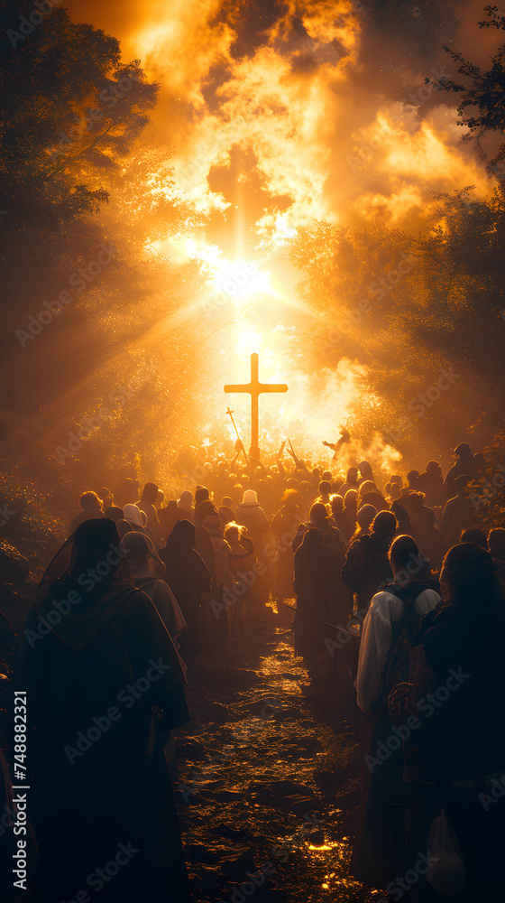 Epic scene of people journeying towards a luminous cross in a celestial landscape. Spiritual journey and faith concept illustration with dramatic lighting