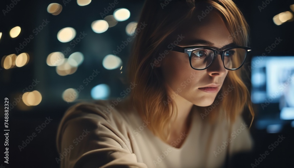 Female eyes in eyeglasses late at night scrolling in front of laptop. Browsing movie video, TV series Female eyes in eyeglasses late at night scrolling in front of laptop. Browsing movie video, TV series