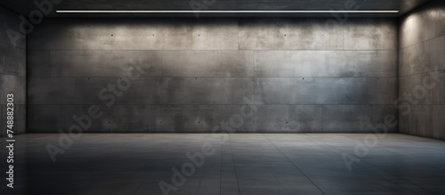An empty room with concrete and coquina walls, illuminated by a bright light coming from the ceiling. The room appears stark and minimalist, with a strong focus on the central light source. © Vusal