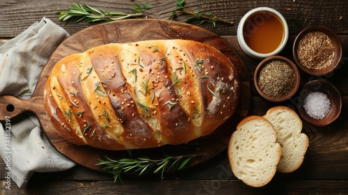 Rustic wheat bread with rosemary, top view. Generative AI