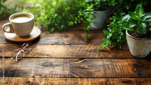 Wooden Table Office desk top view design workspace layout right have plant, coffee cup, pen, glasses near show mock up.