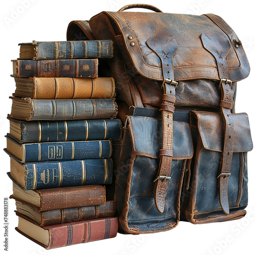 Backpack next to books isolated on transparent background, element remove background, element for design