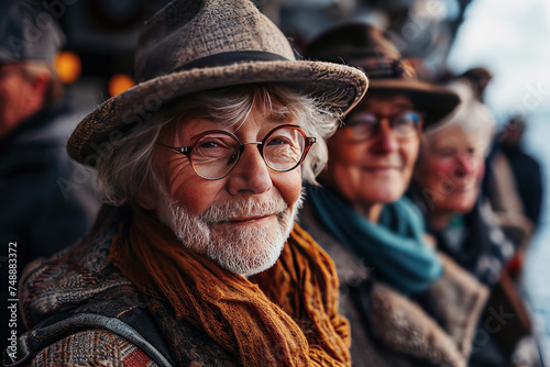 Group of smiling pensioners taking a selfie shot on their holidays. Generative AI