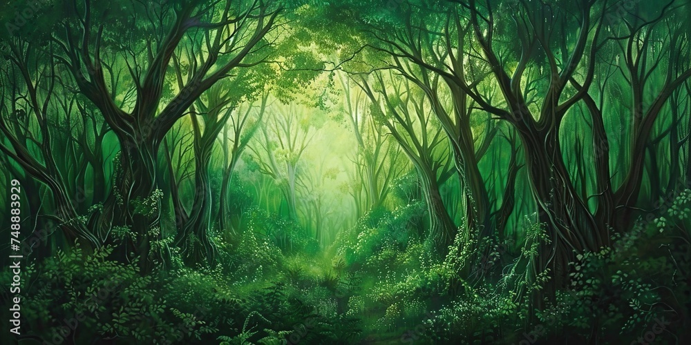 Explore the mystic allure of a forest bathed in soft, otherworldly light with a dense canopy creating a tranquil nature background. - obrazy, fototapety, plakaty 