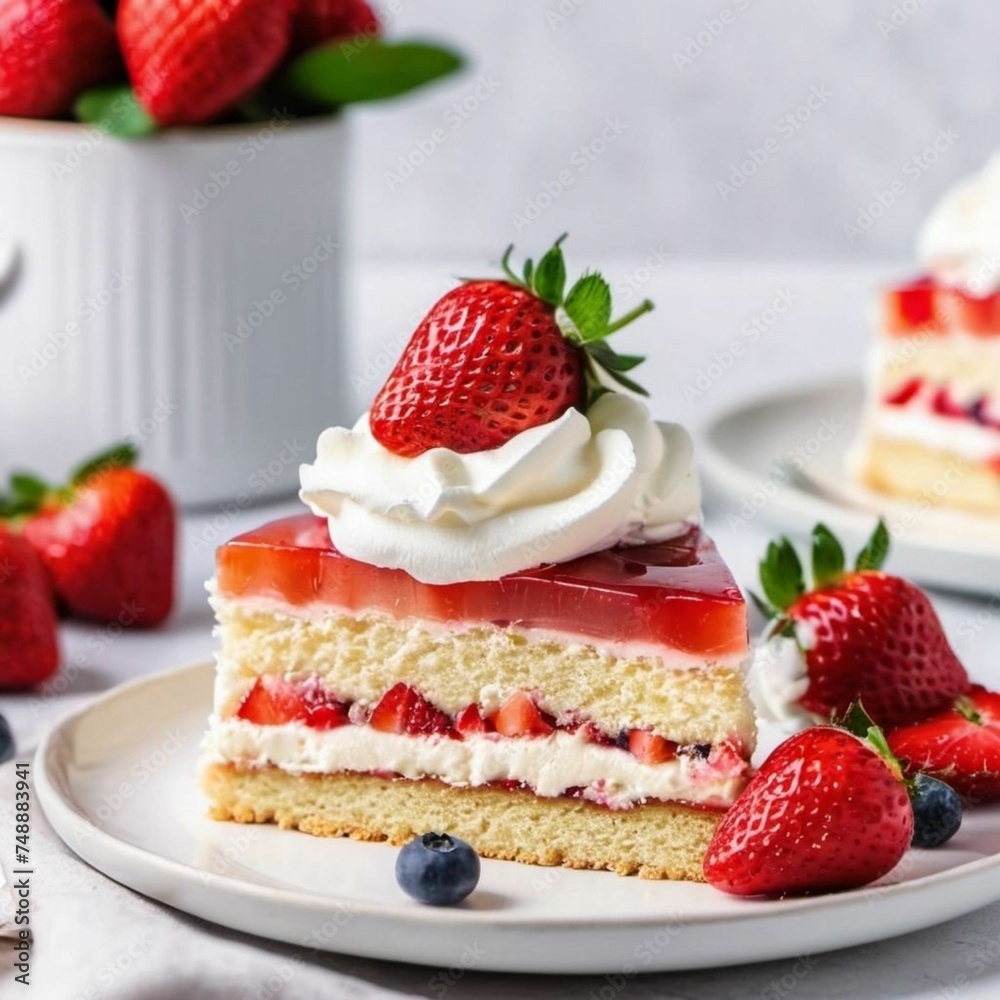 Delicious slice of homemade strawberry sponge cake with fresh berries and whipped cream on a white plate Delicious slice of homemade strawberry sponge cake with fresh berries and whipped cream on a white plate