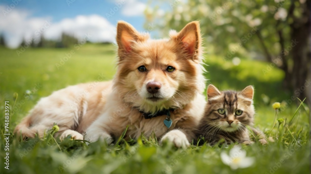 Cute dog and cat lying together on a field of green grass