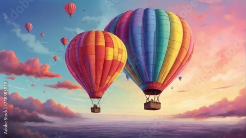 Colored balloons fly across the sky