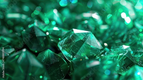 This image features a detailed close-up view of multiple shining green crystals with a bokeh effect enhancing the sparkle