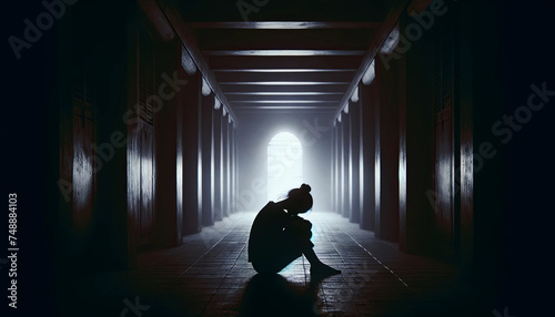 Silhouette of depressed woman sitting on walkway of residence building