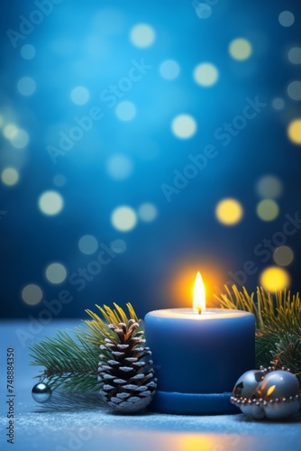 Christmas greeting card with burning candle and fir branch on blue bokeh background