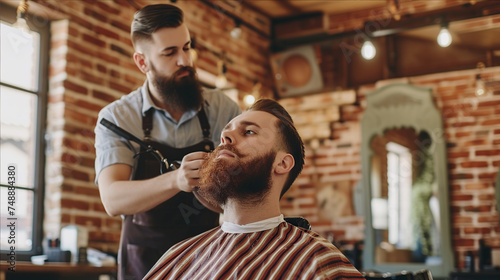 A brutal man with a beard and mustache is sitting in an armchair in a barbershop