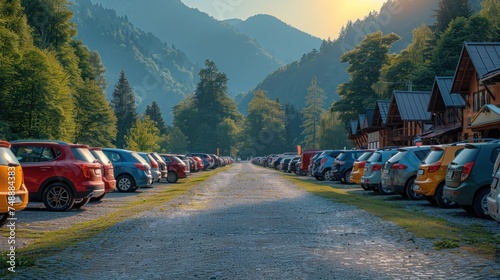 Cars and buses in the parking lot under the hood (Rohace - Spalena, Tatra west) of the summer in the mountains. photo