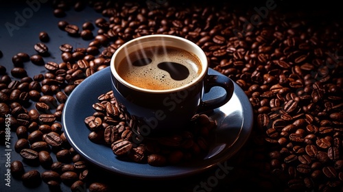 Coffee in a cup and saucer on coffee beans background