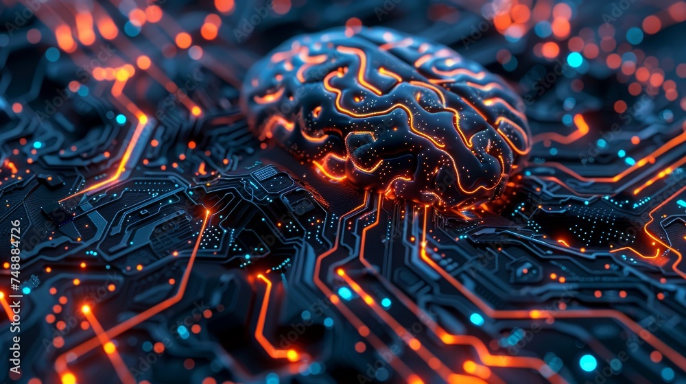 A 3D brain sits on a network of circuits, glowing with energy, depicting concepts of artificial intelligence and machine learning. A 3D brain sits on a network of circuits, glowing with energy, depicting concepts of artificial intelligence and machine learning.