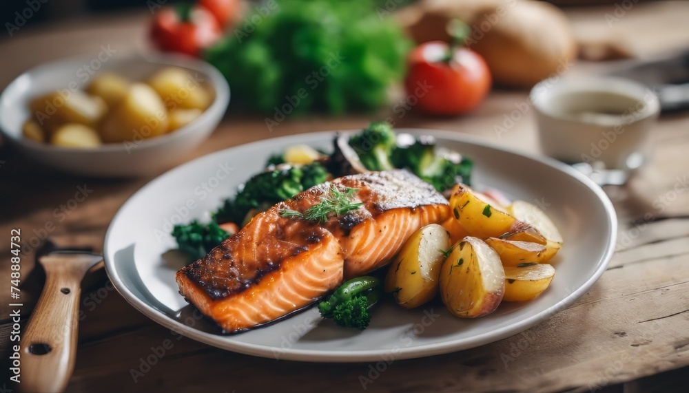 Fried salmon steak with potatoes and vegetables on wooden table Fried salmon steak with potatoes and vegetables on wooden table