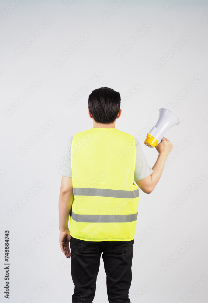 Man wear Safety Vest and hold megaphone on white background. Man wear Safety Vest and hold megaphone on white background.