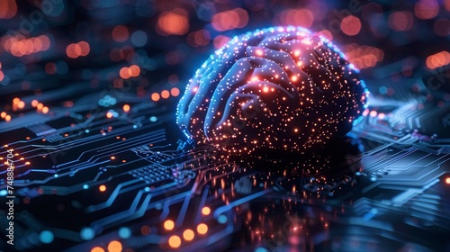 Digital brain model with glowing connections on a circuit board representing AI and neural network technology.