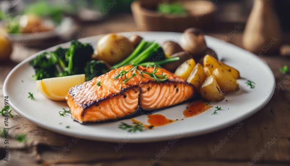 Fried salmon steak with potatoes and vegetables on wooden table Fried salmon steak with potatoes and vegetables on wooden table